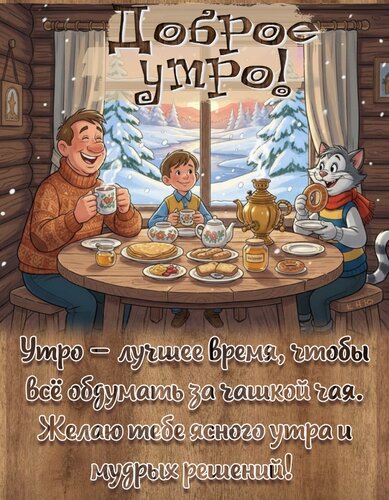 Открытка Доброе утро! Утро — лучшее время, чтобы всё обдумать за чашкой чая. Желаю тебе ясного утра...