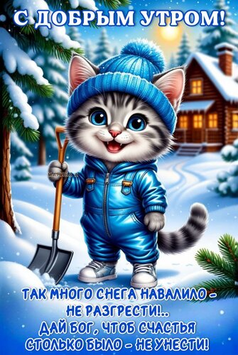Открытка С ДОБРЫМ УТРОМ! ТАК МНОГО СНЕГА НАВАЛИЛО - НЕЕ РАЗГРЕСТИ!.. ДАЙ БОГ, ЧТОБ СЧАСТЬЯ СТОЛЬКО БЫЛО - НЕ