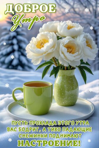 Открытка Доброе утро! Пусть прохлада этого утра вас бодрит, а тихо падающие снежинки поднимают настроение!