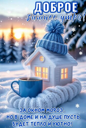 Открытка ДОБРОЕ ЗИМНЕЕ УТРО! ЗА ОКНОМ МОРОЗ, НО В ДОМЕ И НА ДУШЕ ПУСТЬ БУДЕТ ТЕПЛО И УЮТНО!