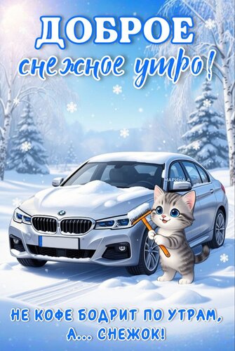 Открытка Доброе снежное утро! Не кофе бодрит по утрам, а... снежок!