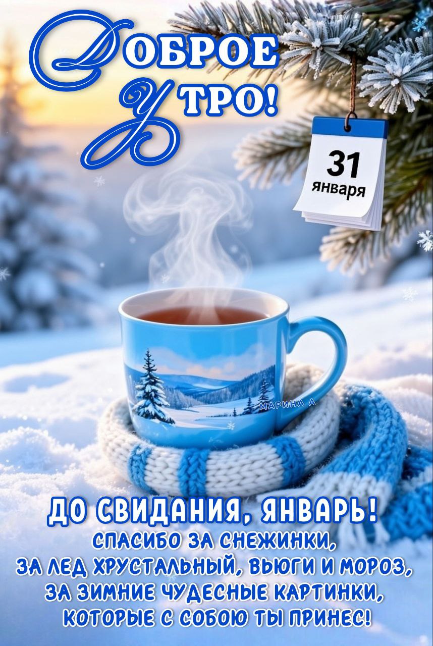 Открытка ДОБРОЕ УТРО! 31 ЯНВАРЯ. ДО СВИДАНИЯ, ЯНВАРЬ! СПАСИБО ЗА СНЕЖКИ, ЗА ЛЕД ХРУСТАЛЬНЫЙ, ВЬЮГИ И МОРОЗ, З
