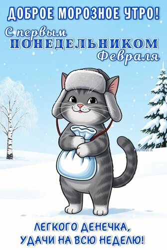 Открытка ДОБРОЕ МОРОЗНОЕ УТРО! С ПЕРВЫМ ПОНЕДЕЛЬНИКОМ ФЕВРАЛЯ! ЛЕГКОГО ДЕНЕЧКА, УДАЧИ НА ВСЮ НЕДЕЛЮ!