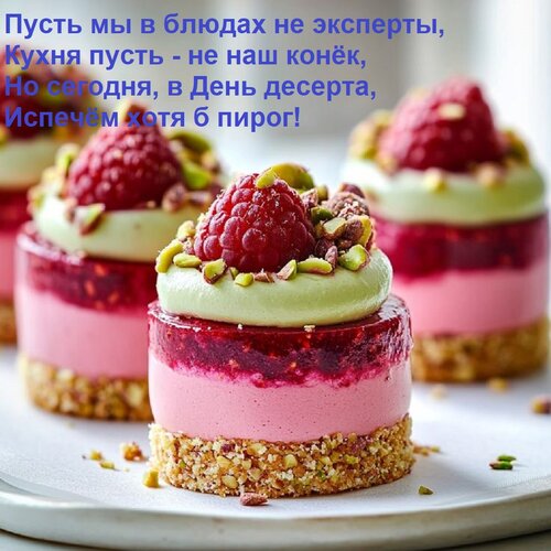 Открытка Пусть мы в блюдах не эксперты, кухня пусть - не наш конёк. Но сегодня, в день десерта, испечём...