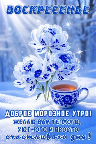 Открытка ВОСКРЕСЕНЬЕ. ДОБРОЕ МОРОЗНОЕ УТРО! ЖЕЛАЮ ВАМ ТЕПЛОГО, УЮТНОГО И ПРОСТО СЧАСТЛИВОГО ДНЯ!