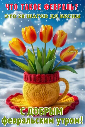 Открытка ЧТО ТАКОЕ ФЕВРАЛЬ? ЭТО 28 ШАГОВ ДО ВЕСНЫ! С ДОБРЫМ ФЕВРАЛЬСКИМ УТРОМ!