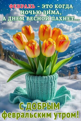 Открытка С ДОБРЫМ ФЕВРАЛЬСКИМ УТРОМ! ФЕВРАЛЬ - ЭТО КОГДА НОЧЬЮ ЗИМА, А ДНЕМ ВЕСНОЙ ПАХНЕТ...