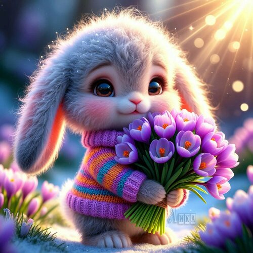 Открытка Зайка с цветами