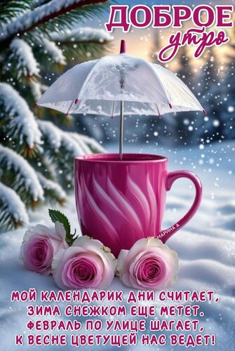 Открытка ДОБРОЕ УТРО! МОЙ КАЛЕНДАРИК ДНИ СЧИТАЕТ, ЗИМА СНЕЖКОМ ЕЩЕ МЕТЕТ. ФЕВРАЛЬ ПО УЛИЦЕ ШАГАЕТ, К ВЕСНЕ ЦВ