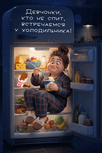 Анимированная открытка Девчонки, кто не спит, встречаемся у холодильника!
