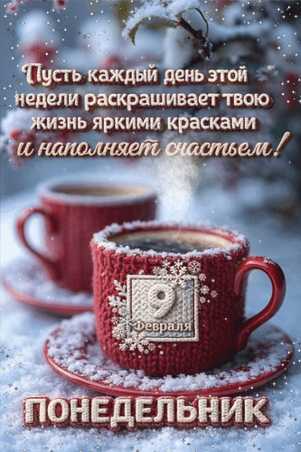 Анимированная открытка 9 февраля Понедельник Пусть каждый день этой недели раскрашивает твою жизнь яркими красками и
