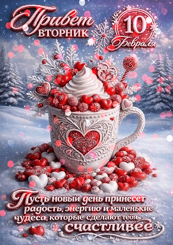 Анимированная открытка 10 февраля Привет, вторник. Пусть новый день принесет радость, энергию и маленькие чудеса которые...