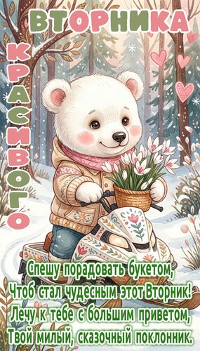 Открытка Красивого Вторника. Спешу порадовать букетом, чтоб стал чудесным этот вторник. Лечу к тебе ...