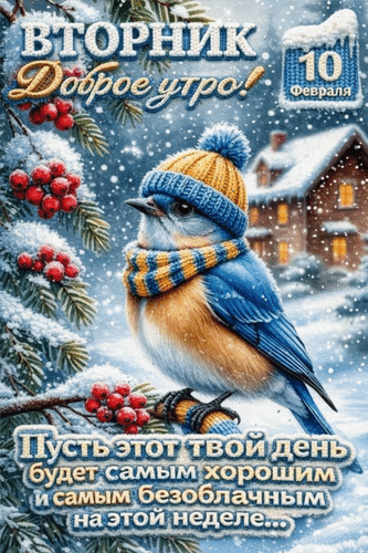 Анимированная открытка 10 февраля. Вторник, доброе утро! Пусть этот твой день будет самым хорошим и самым безоблачным...