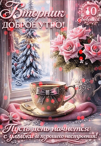 Анимированная открытка 10 февраля Вторник Доброе утро! Пусть день начнется с улыбки и хорошего настроения!