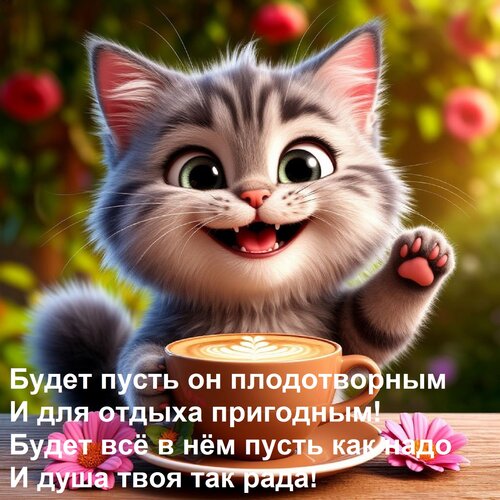 Открытка Будет пусть он плодотворным И для отдыха пригодным! Будет всё в нём пусть как надо И душа твоя так р