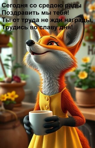 Открытка Сегодня со средою рады Поздравить мы тебя! Ты от труда не жди награды, Трудись во славу дня!