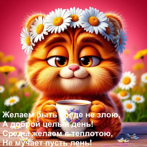 Открытка Желаем быть среде не злою, А доброй целый день! Среды желаем с теплотою, Не мучает пусть лень!