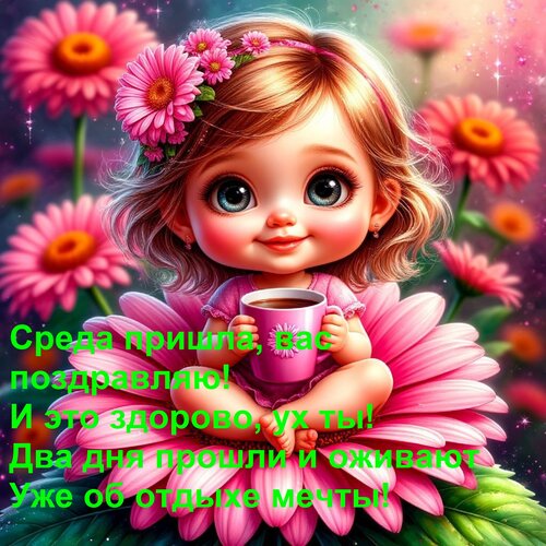 Открытка Среда пришла, вас поздравляю! И это здорово, ух ты! Два дня прошли и оживают Уже об отдыхе мечты!