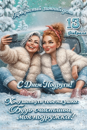 Анимированная открытка 13 февраля Прекрасный зимний день. С Днем Подруги! Хочу шепнуть тебе на ушко: Будь счастлива,