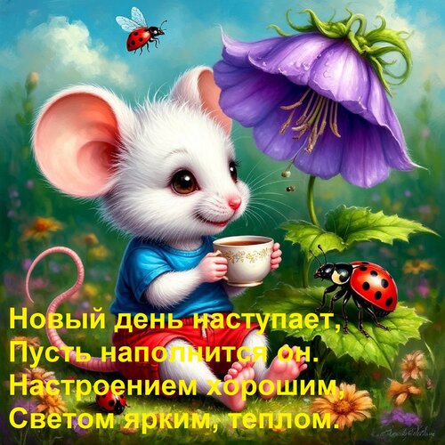 Открытка Новый день наступает, Пусть наполнится он. Настроением хорошим, Светом ярким, теплом.