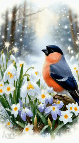 Анимированная открытка Снегирь