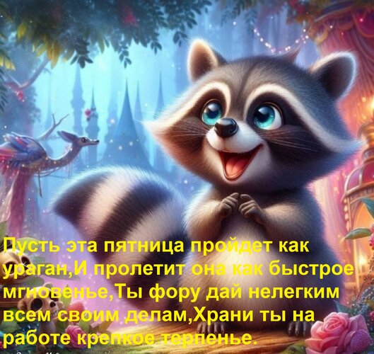 Открытка Пусть эта пятница пройдет как ураган, и пролетит она как быстрое мгновенье, ты фору дай нелегким всем делам...