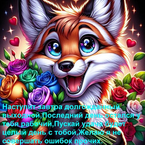 Открытка Наступит завтра долгожданный выходной, Последний день остался у тебя рабочий, Пускай удача будет цел