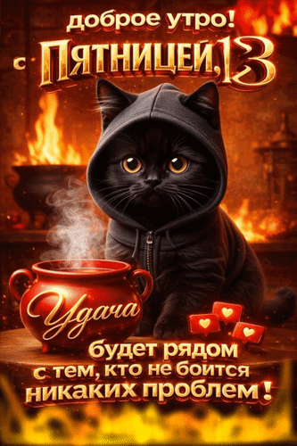 Анимированная открытка Доброе утро! с Пятницей, 13 Удача будет рядом с тем, кто не боится никаких проблем!