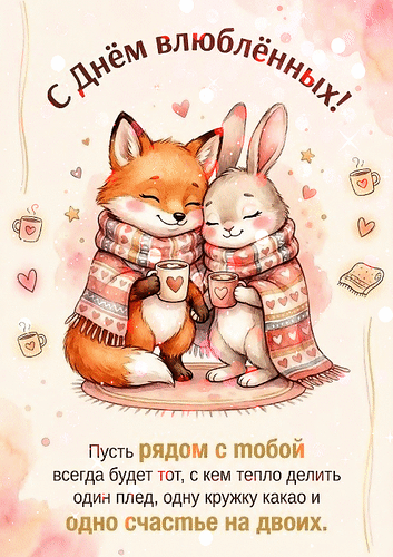 Анимированная открытка С днём влюблённых! Пусть рядом с тобой всегда будет тот, с кем тепло делить один плед, одну