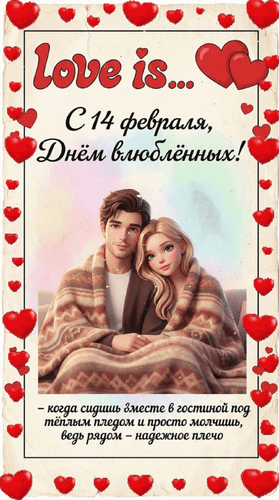 Анимированная открытка С 14 февраля, Днём влюблённых! Любовь это... - когда сидишь вместе в гостиной под тёплым пледом и