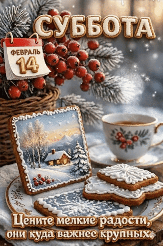 Анимированная открытка 14 февраля. Суббота. Цените мелкие радости, они куда важнее крупных.