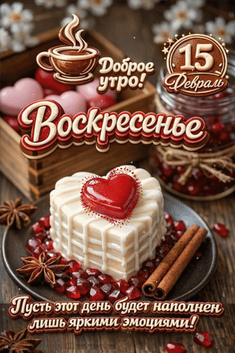 Анимированная открытка 15 февраль Воскресенье. Доброе утро! Пусть этот день будет наполнен лишь яркими эмоциями!