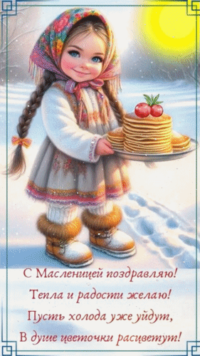 Анимированная открытка С Масленицей поздравляю! Тепла и радости желаю! Пусть холода уже уйдут, в душе цветочки расцветут!