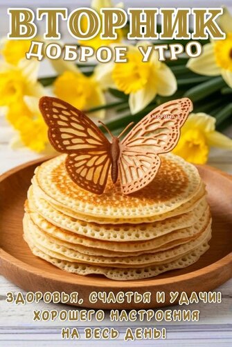 Открытка ДОБРОЕ УТРО! ВТОРНИК. ЗДОРОВЬЯ, СЧАСТЬЯ И УДАЧИ! ХОРОШЕГО НАСТРОЕНИЯ НА ВЕСЬ ДЕНЬ!