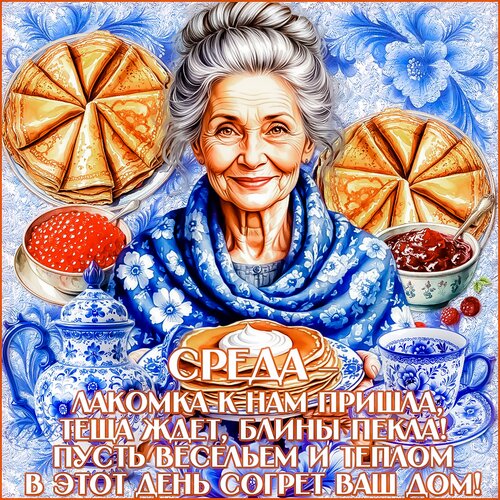 Открытка Среда-лакомка к нам пришла. теща ждет. блины пекла