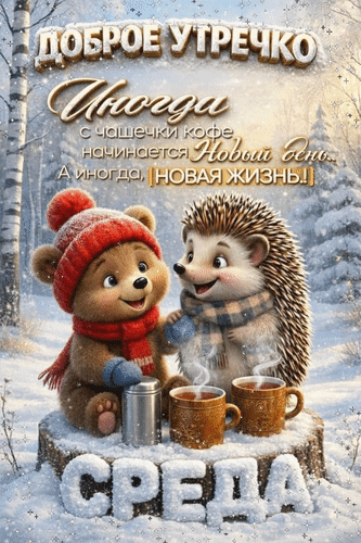 Анимированная открытка Среда Доброе утречко! Иногда с чашечки кофе начинается новый день... А иногда, новая жизнь!