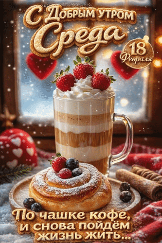 Открытка 18 февраля Среда. С добрым утром. По чашке кофе и снова пойдём жизнь жить...