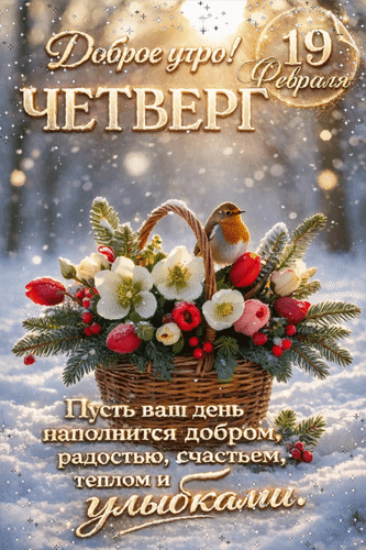 Анимированная открытка 19 февраля Четверг Доброе утро! Пусть ваш день наполнится добром, радостью, счастьем, теплом и улыбк