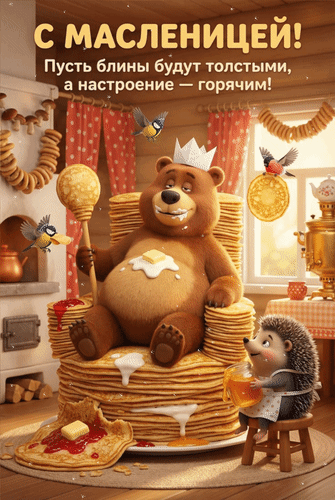 Анимированная открытка С Масленицей! Пусть блины будут толстыми, а настроение - горячим!
