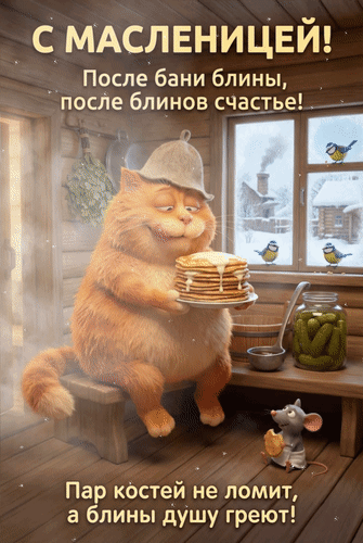 Анимированная открытка С Масленицей! После бани - блины, после блинов - счастье! Пар костей не ломит, а блины душу греют!