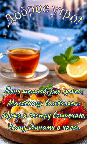 Открытка Доброе утро. День шестой уже гуляем. Масленицу восхваляем. Мужа я сестру встречаю, угощу блинами с ч