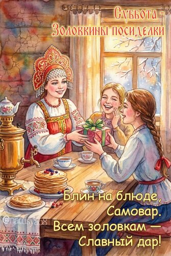 Открытка Суббота - Золовкины посиделки. Блин на блюде, самовар. Всем золовкам — славный дар.