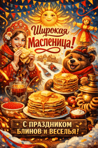 Анимированная открытка Широкая Масленица! С праздником блинов и веселья!