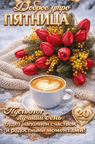Анимированная открытка 20 февраля. Пятница. Доброе утро! Пусть этот лучший день будет наполнен счастьем и радостными моментами.