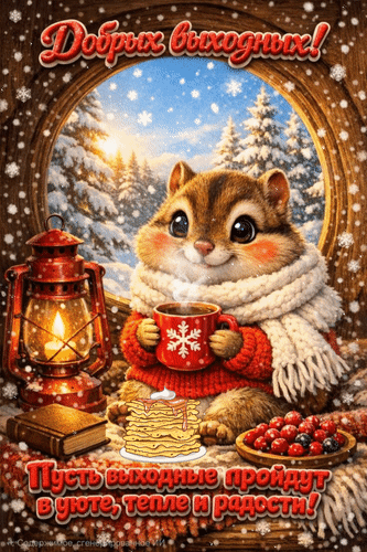 Анимированная открытка Добрых выходных! Пусть выходные пройдут в уюте, тепле и радости!
