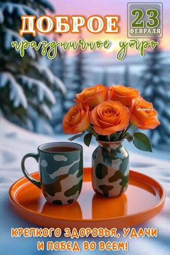 Открытка 23 Февраля. Доброе праздничное утро. Крепкого здоровья, удачи и побед во всем!