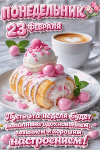 Анимированная открытка 23 февраля. Понедельник Пусть эта неделя будет наполнена вдохновением, везением и хорошим настроением!
