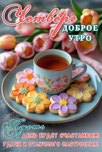 Открытка ЧЕТВЕРГ. ДОБРОЕ УТРО. ПУСТЬ ДЕНЬ БУДЕТ СЧАСТЛИВЫМ! УДАЧИ И ОТЛИЧНОГО НАСТРОЕНИЯ!