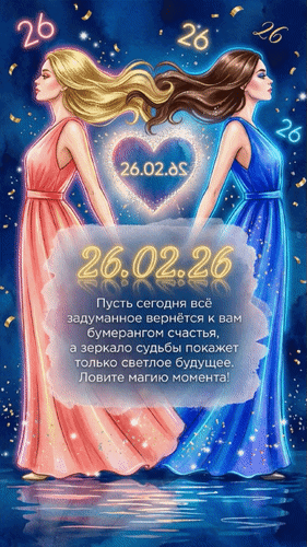 Анимированная открытка 26. 02. 26 Пусть сегодня всё задуманное вернётся к вам бумерангом счастья, а зеркало судьбы покажет...
